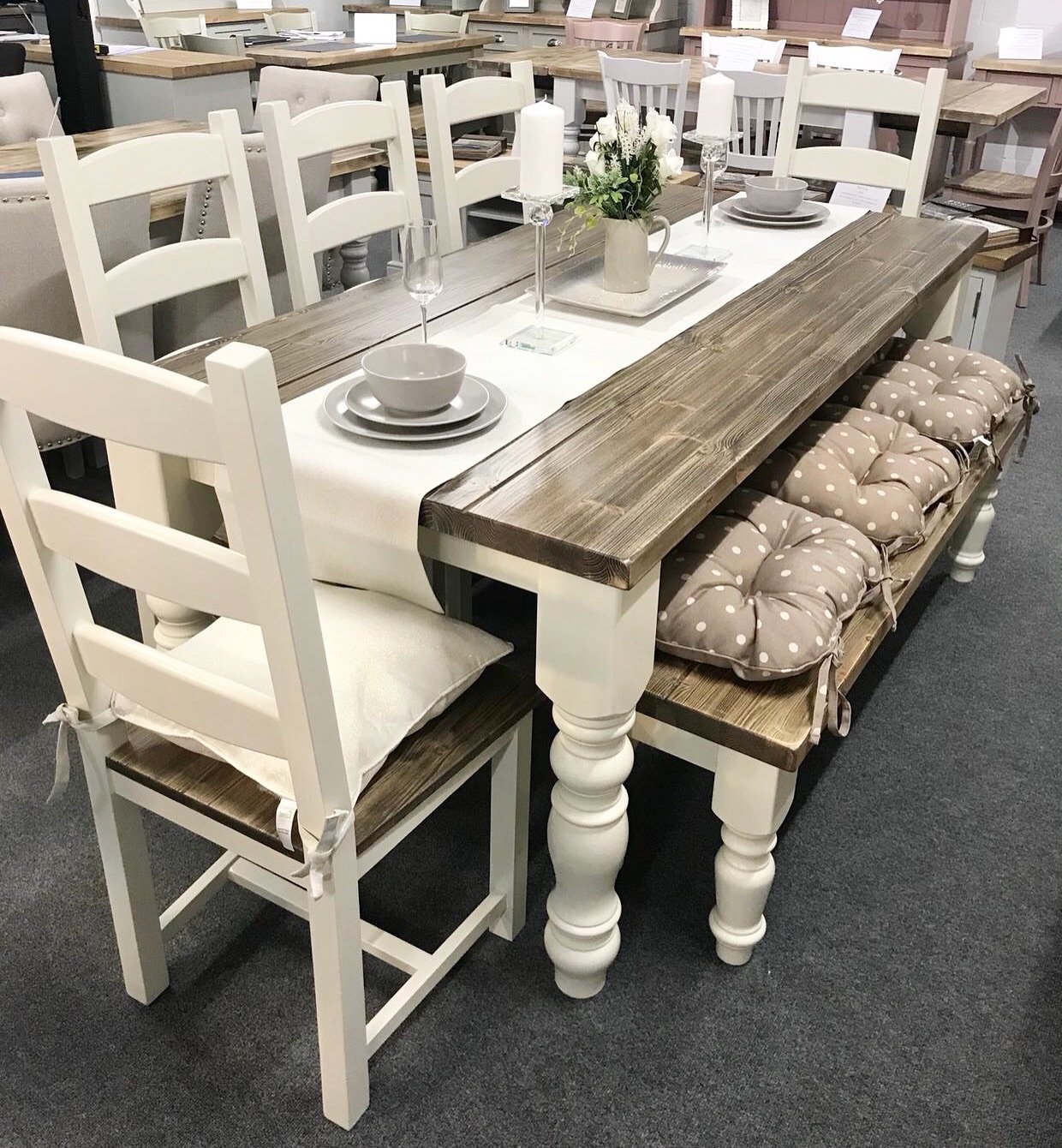 6ft Chunky Table, 5 Ladder Back Chairs and 1 Bench Set Farmhouse