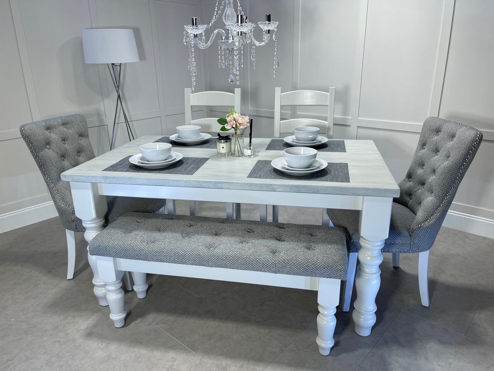 5ft Chunky Farmhouse Table with Ladder Back Fabric Chair/Bench