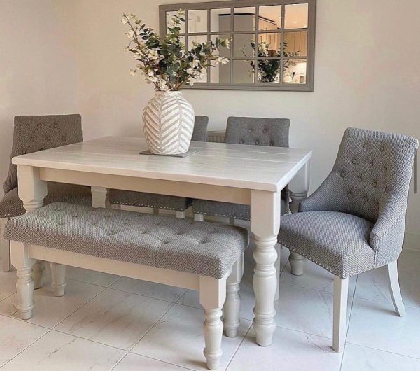 Skepticism Ocean Millimeter 5ft Chunky Farmhouse Table With 4 Mixed Grey Winchesters Chairs & 1 Fabric  Bench - Farmhouse Furniture